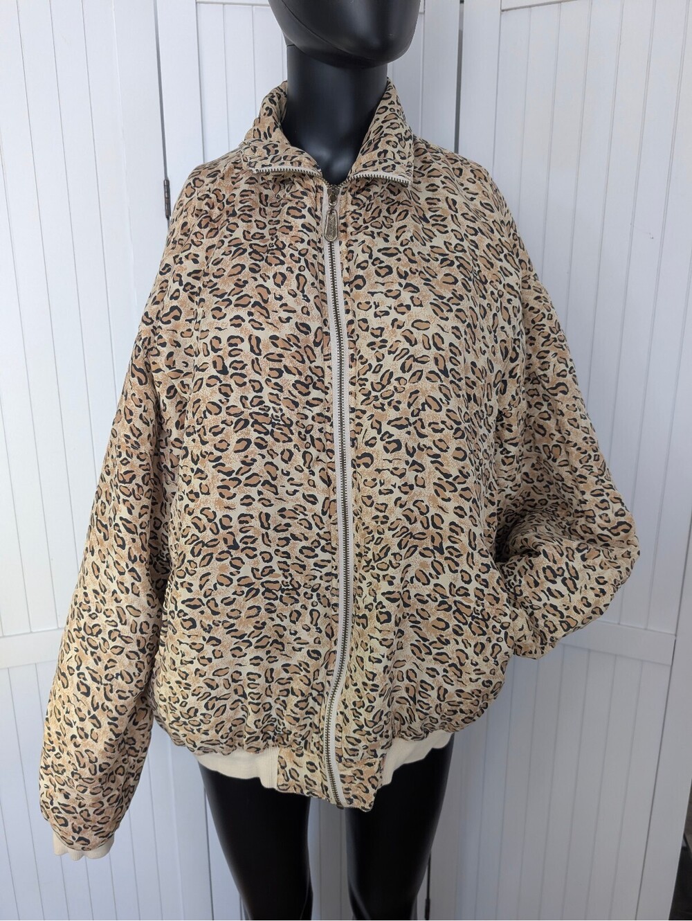 Vintage Fu Da International Silk Leopard Bomber Jacket L 90s Animal Print